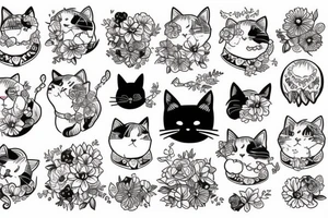 a cat like tattooist fluffy style, with flowers tattoo idea