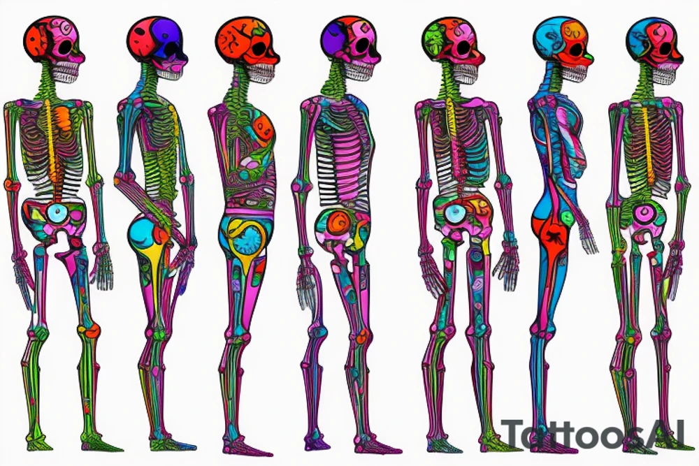 Bright, colorful dancing skeletons, beautiful background tattoo idea
