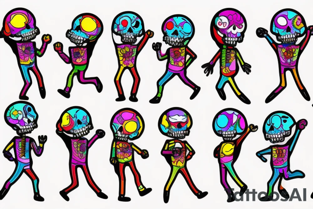 Bright, colorful dancing skeletons, beautiful background tattoo idea
