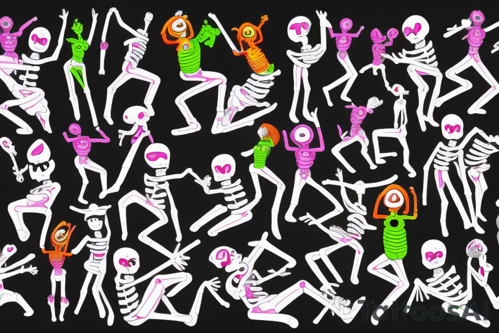 Bright, colorful dancing skeletons, beautiful background tattoo idea