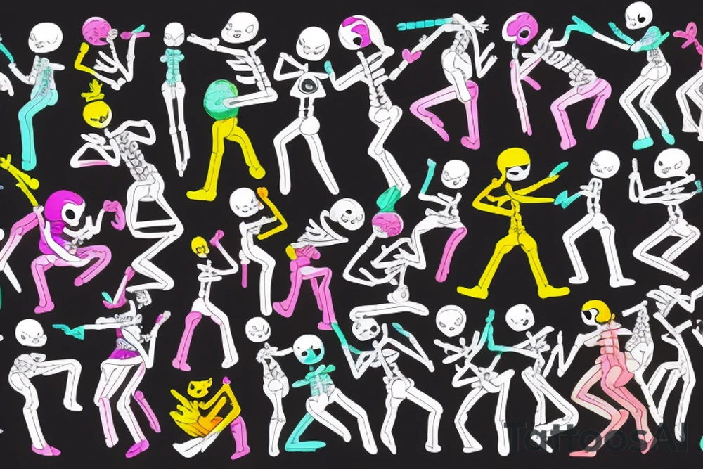 Bright, colorful dancing skeletons, beautiful background tattoo idea