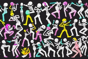Bright, colorful dancing skeletons, beautiful background tattoo idea