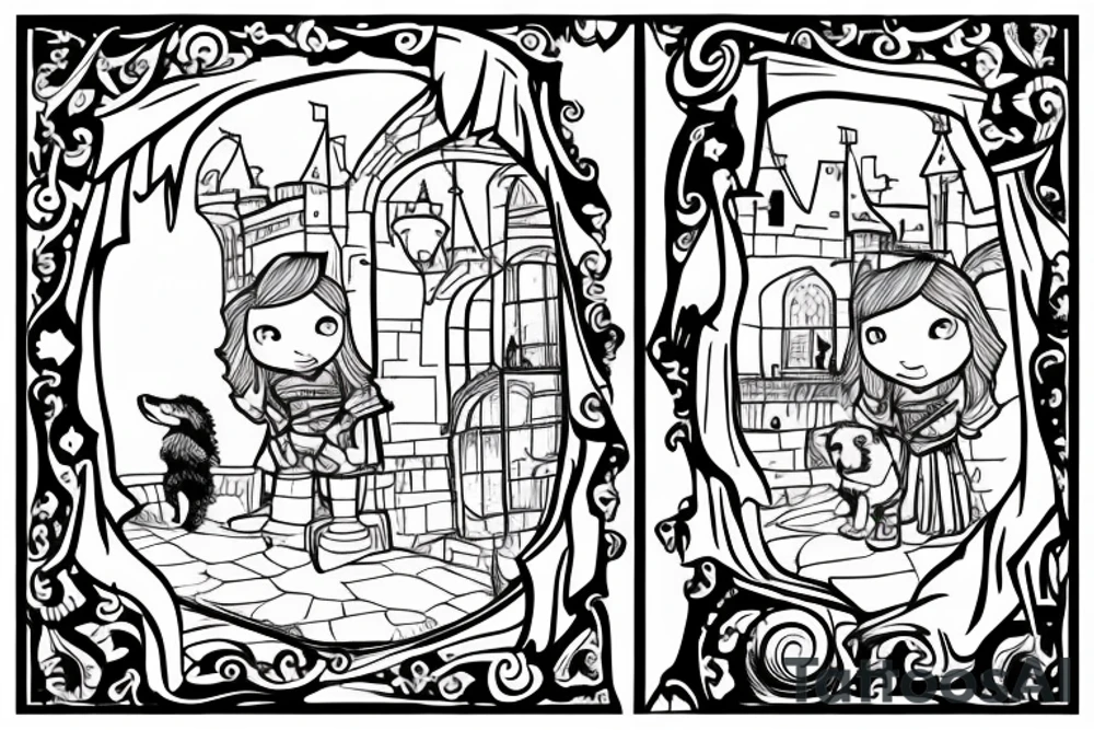 A little knight looking outside from castle with his dog tattoo idea