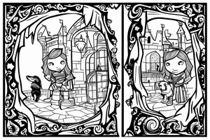 A little knight looking outside from castle with his dog tattoo idea