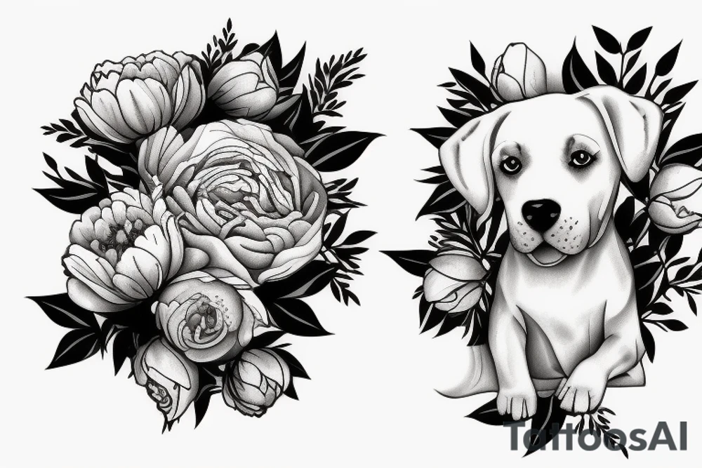 Dog with three peonies, 10 cm tattoo idea