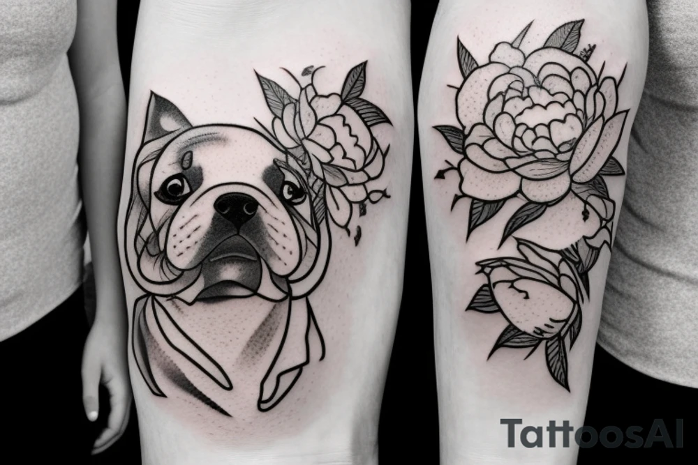 Dog with three peonies, 10 cm tattoo idea