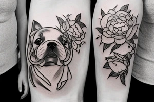 Dog with three peonies, 10 cm tattoo idea
