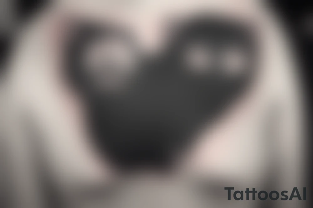 The tattoo is a small-to-medium size portrait of a black cat with a white spot on her chest and one white whisker. The cat has thick, black fur and a chubby body. The tattoo is designed to look like a no-face monster from the movie Spirited Away, with the cat's face transformed into the shape of the monster. The tattoo is black and white, with the cat's fur and the no-face features done in black ink and the white spot and whisker left uncolored to create contrast tattoo idea