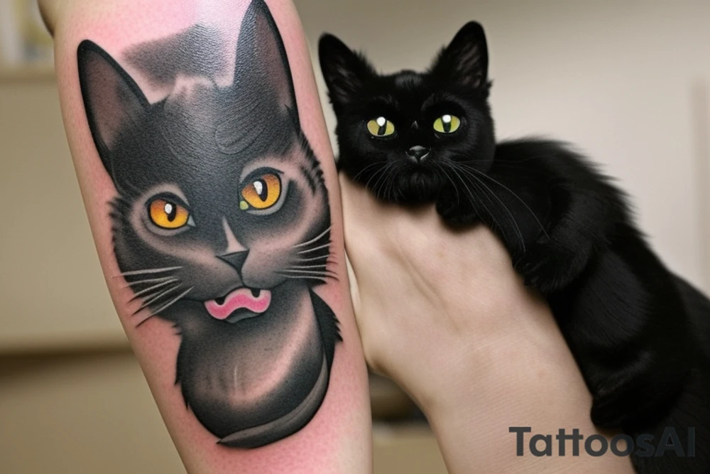 The tattoo is a small-to-medium size portrait of a black cat with a white spot on her chest and one white whisker. The cat has thick, black fur and a chubby body. The tattoo is designed to look like a no-face monster from the movie Spirited Away, with the cat's face transformed into the shape of the monster. The tattoo is black and white, with the cat's fur and the no-face features done in black ink and the white spot and whisker left uncolored to create contrast tattoo idea