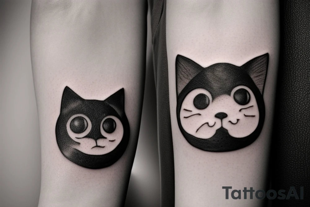 a black cat with a white spot on her chest and one white whisker.  thick, black fur and a chubby body. The tattoo is designed to look like a no-face monster from the movie Spirited Away, with the cat's face transformed into the shape of the monster. The tattoo is black and white, with the cat's fur and the no-face features done in black ink and the white spot and whisker left uncolored to create contrast tattoo idea