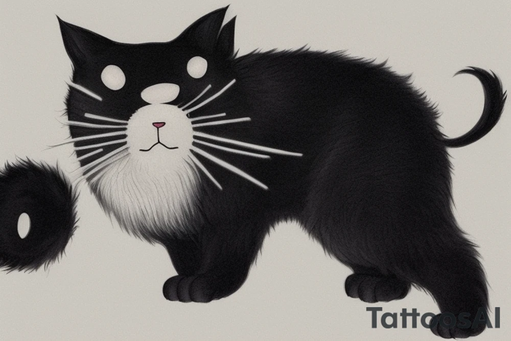 a black cat with a white spot on her chest and one white whisker.  thick, black fur and a chubby body. The tattoo is designed to look like a no-face monster from the movie Spirited Away, with the cat's face transformed into the shape of the monster. The tattoo is black and white, with the cat's fur and the no-face features done in black ink and the white spot and whisker left uncolored to create contrast tattoo idea