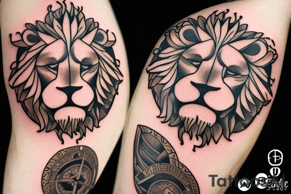 A lions face hidden inside a clockface with clouds in the background and an arrow pointing forward tattoo idea