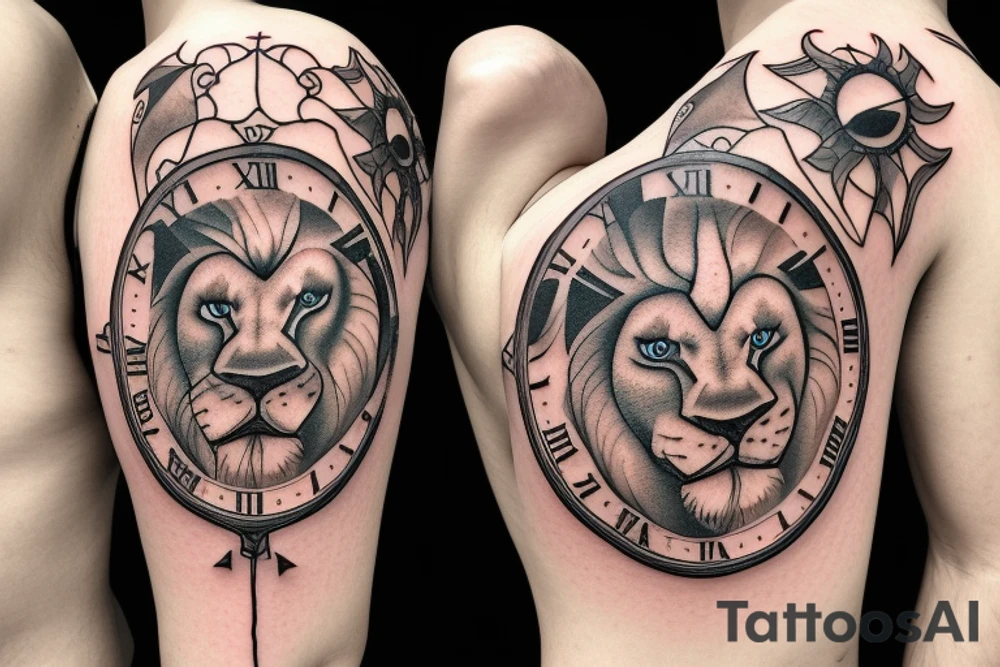 A lions face hidden inside a clockface with clouds in the background and an arrow pointing forward tattoo idea