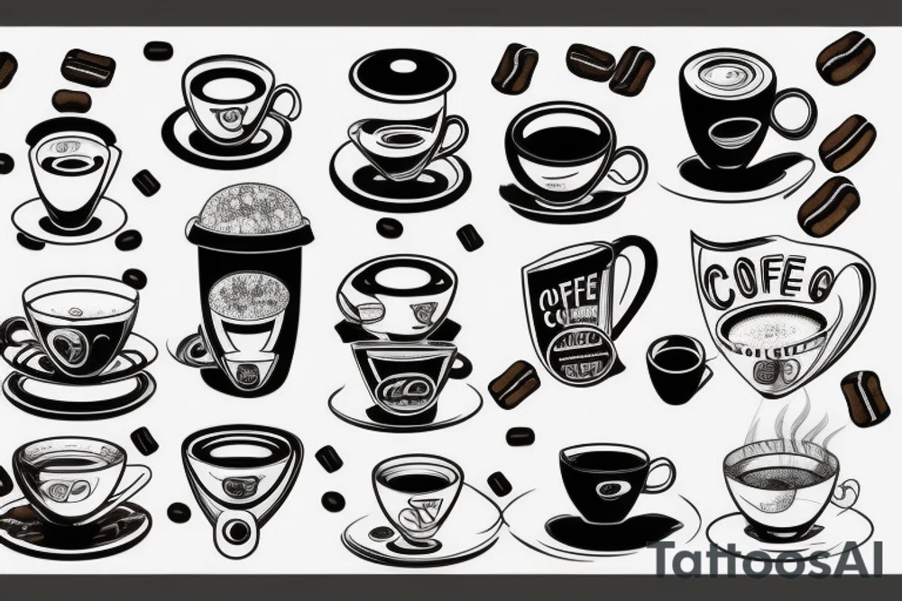 Coffee, realistic, pitcher, coffee machine, coffee beans tattoo idea