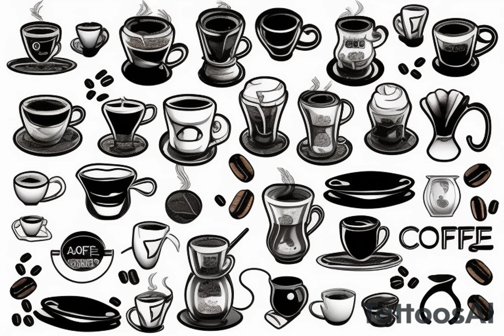 Coffee, realistic, pitcher, coffee machine, coffee beans tattoo idea