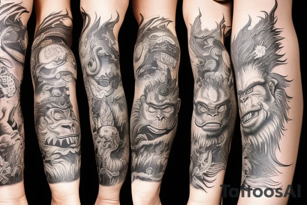 leg sleeve of monkey king, fighting a dragon tattoo idea