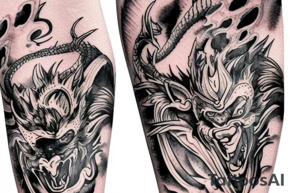 leg sleeve of monkey king, fighting a dragon tattoo idea