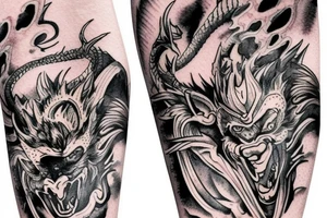leg sleeve of monkey king, fighting a dragon tattoo idea