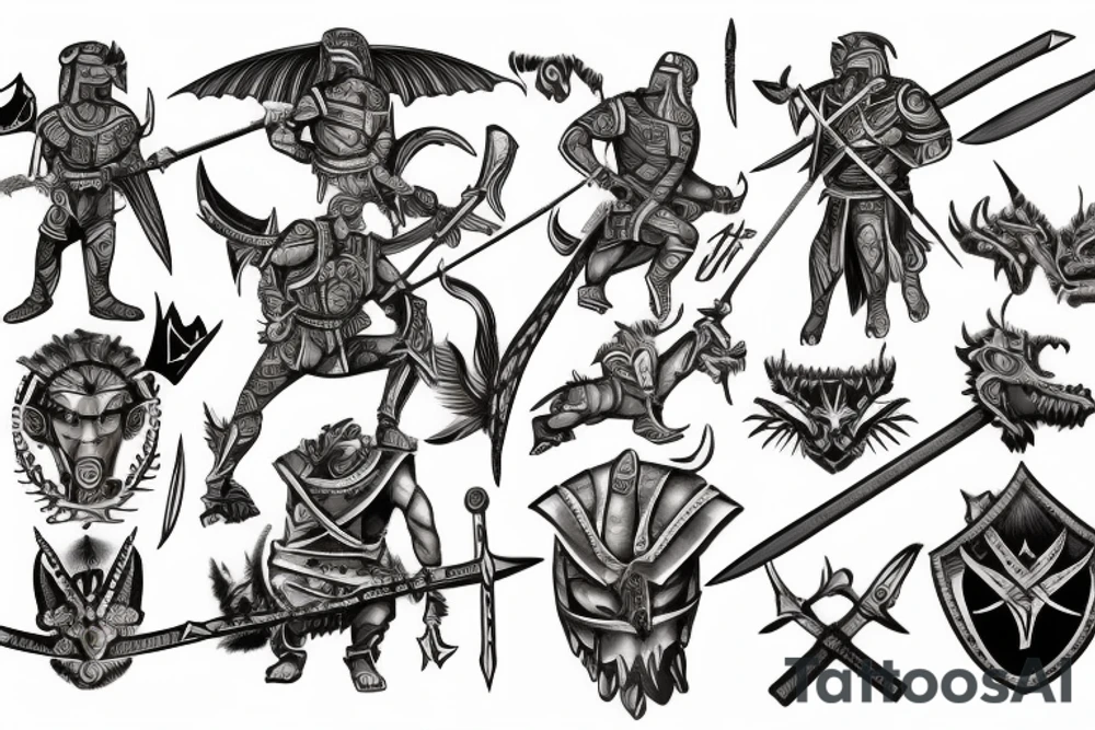 Spartan, in a leather suit, with a sword in one hand and in the other hand a spear on his shoulder with a tattoo of a dragon and he kills the devil with his sword tattoo idea