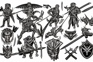 Spartan, in a leather suit, with a sword in one hand and in the other hand a spear on his shoulder with a tattoo of a dragon and he kills the devil with his sword tattoo idea