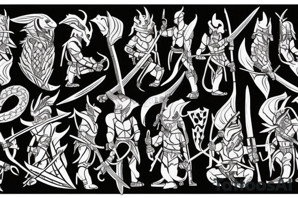 Spartan, in a leather suit, with a sword in one hand and in the other hand a spear on his shoulder with a tattoo of a dragon and he kills the devil with his sword tattoo idea