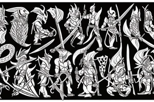 Spartan, in a leather suit, with a sword in one hand and in the other hand a spear on his shoulder with a tattoo of a dragon and he kills the devil with his sword tattoo idea