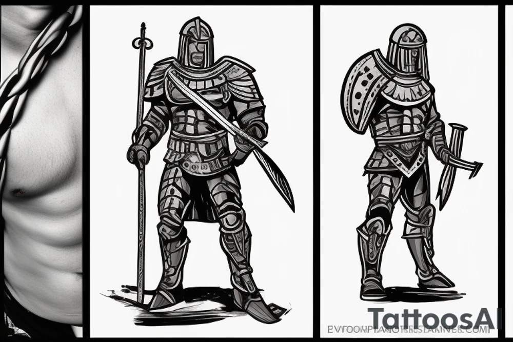 Spartan, in a leather suit, with a sword in one hand . tattoo idea