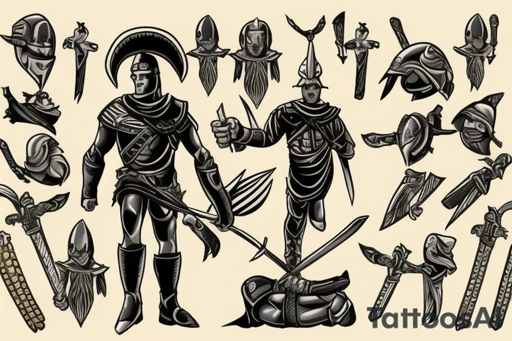 Spartan, in a leather suit, with a sword in one hand . tattoo idea