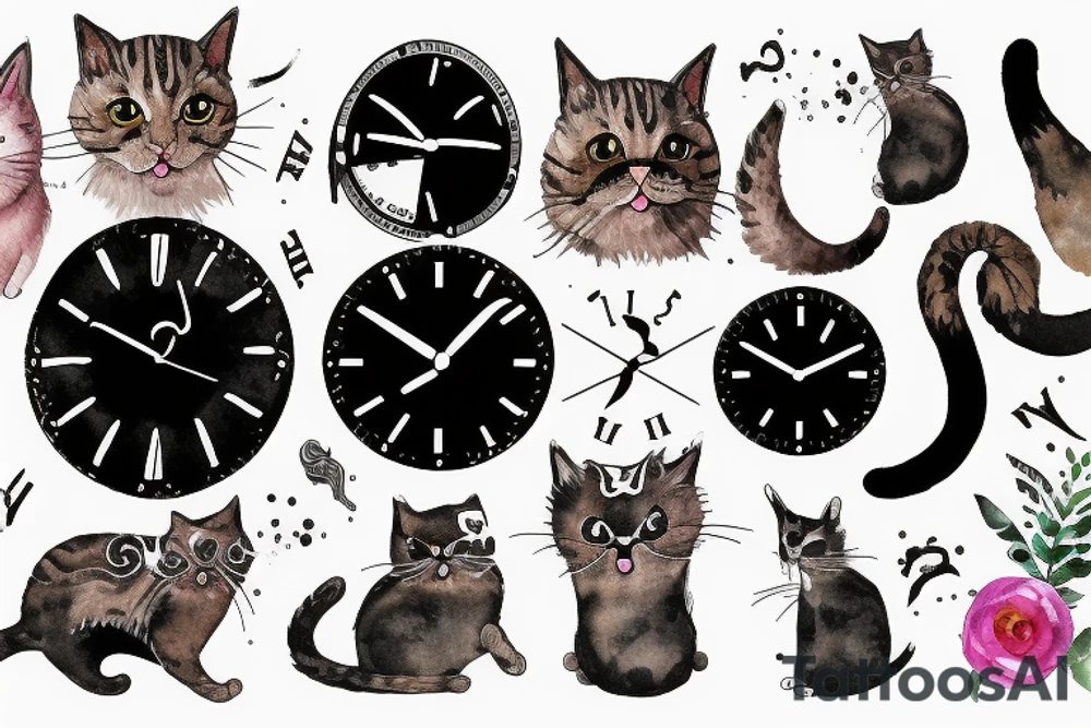 clock with cat tattoo idea