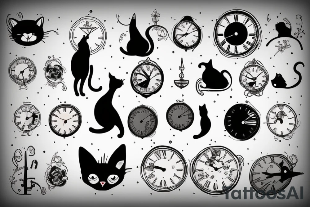 clock with cat tattoo idea