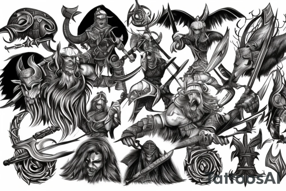 Viking fight death comic fantasy tattoo idea