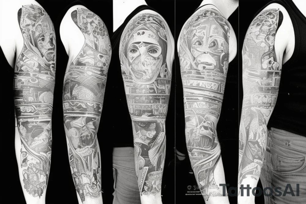3/4 sleeve, 5 empty portraits, Latino art tattoo idea