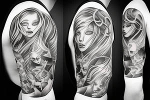 3/4 sleeve, 5 empty portraits, modern tattoo idea