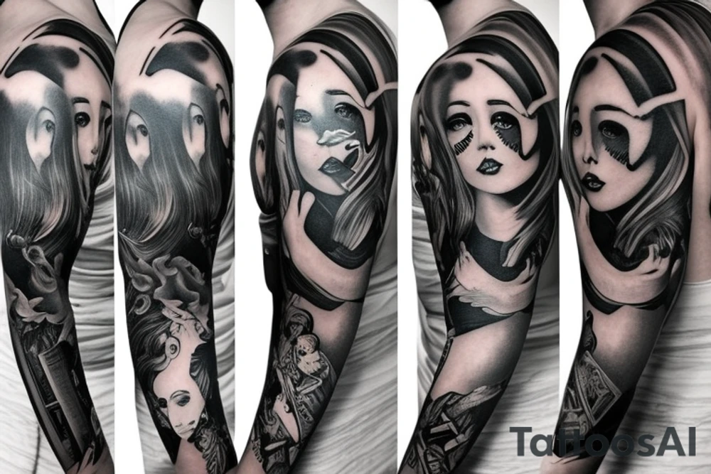 3/4 sleeve, 5 empty portraits, modern tattoo idea