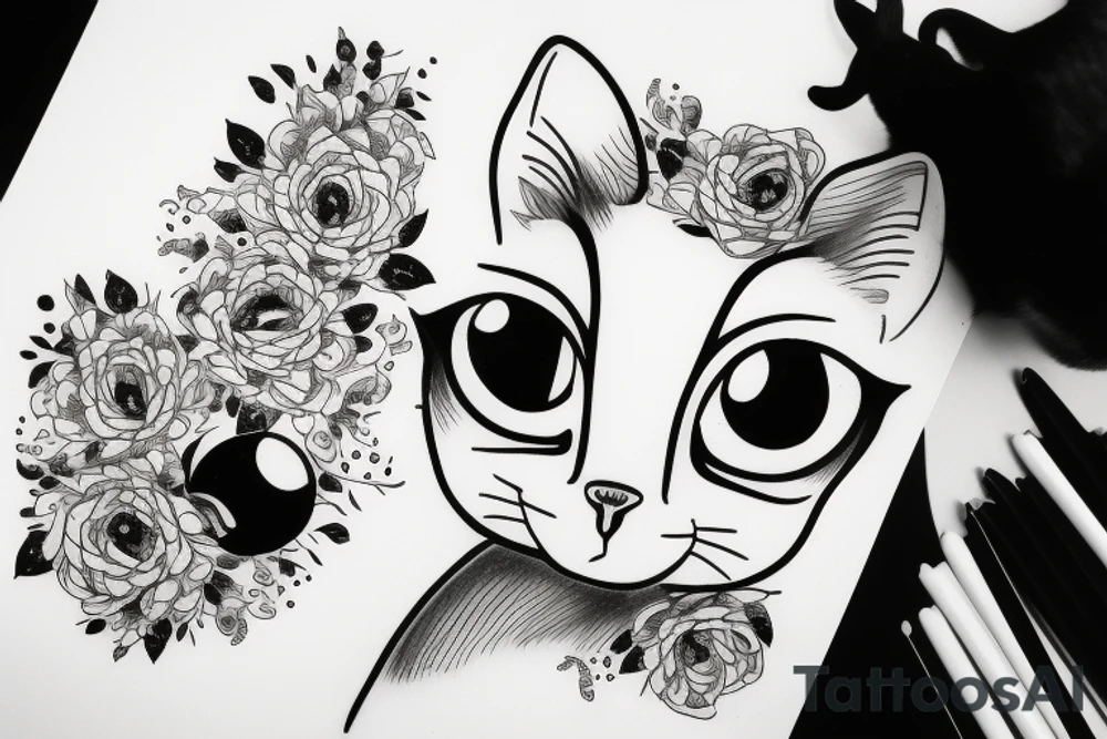 Black and white cat with big eyes tattoo idea