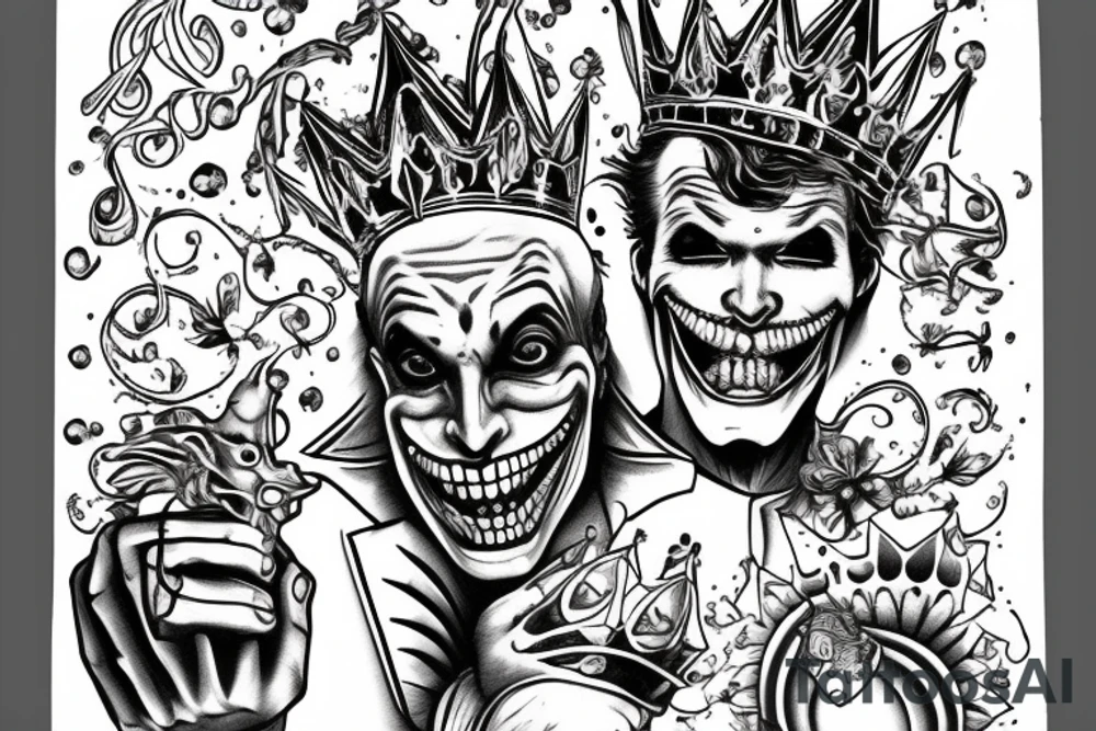 the joker is cheerful holding a golden crown and the joker is sad holding a skeleton of a fish, standing back to back tattoo idea