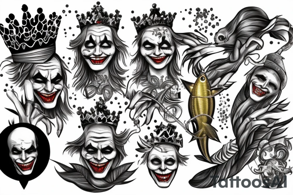 the joker is cheerful holding a golden crown and the joker is sad holding a skeleton of a fish, standing back to back tattoo idea
