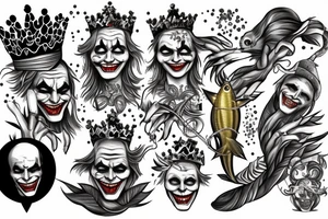 the joker is cheerful holding a golden crown and the joker is sad holding a skeleton of a fish, standing back to back tattoo idea