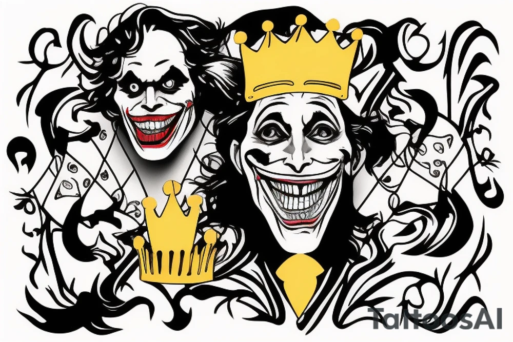 the joker is cheerful holding a golden crown and the joker is sad holding a skeleton of a fish, standing back to back tattoo idea