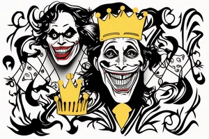 the joker is cheerful holding a golden crown and the joker is sad holding a skeleton of a fish, standing back to back tattoo idea