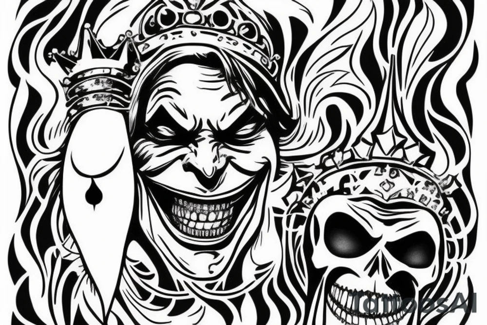 the joker is cheerful holding a golden crown and the joker is sad holding a skeleton of a fish, standing back to back tattoo idea
