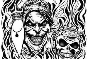 the joker is cheerful holding a golden crown and the joker is sad holding a skeleton of a fish, standing back to back tattoo idea