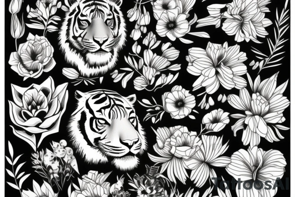 Tiger surrounded by flowers tattoo idea