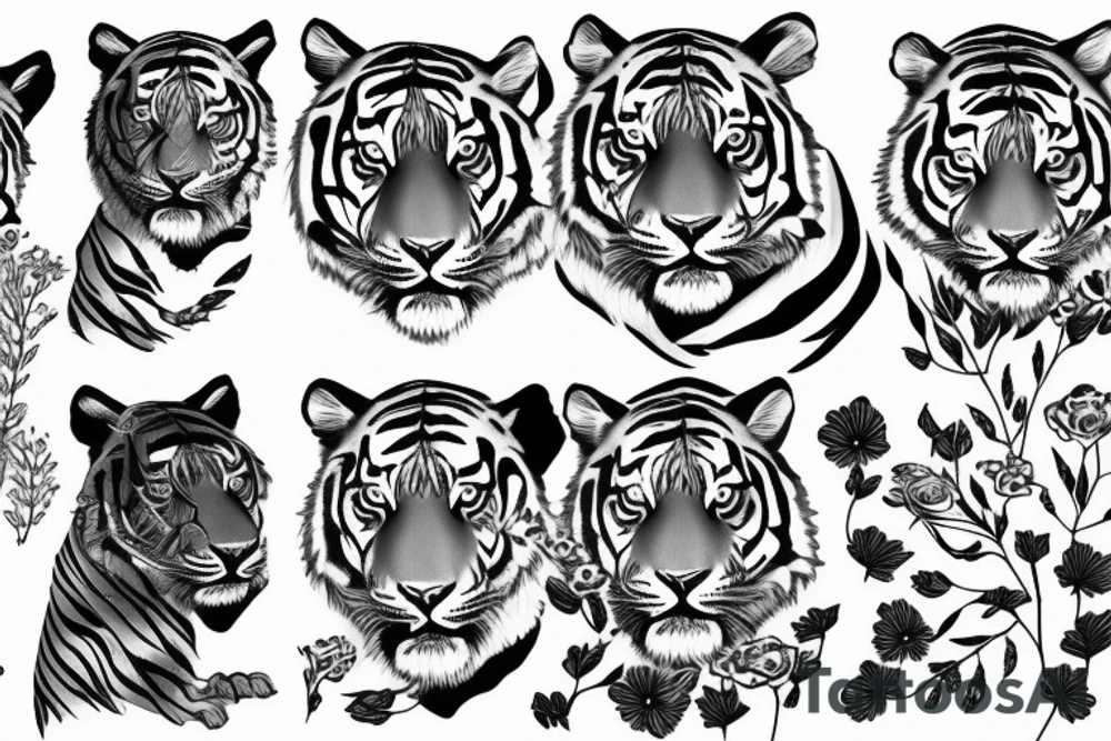 Tiger surrounded by flowers tattoo idea