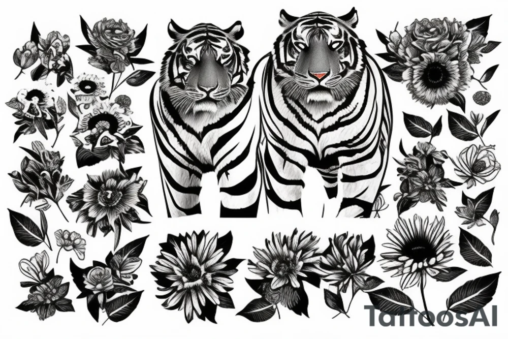 Tiger surrounded by flowers tattoo idea