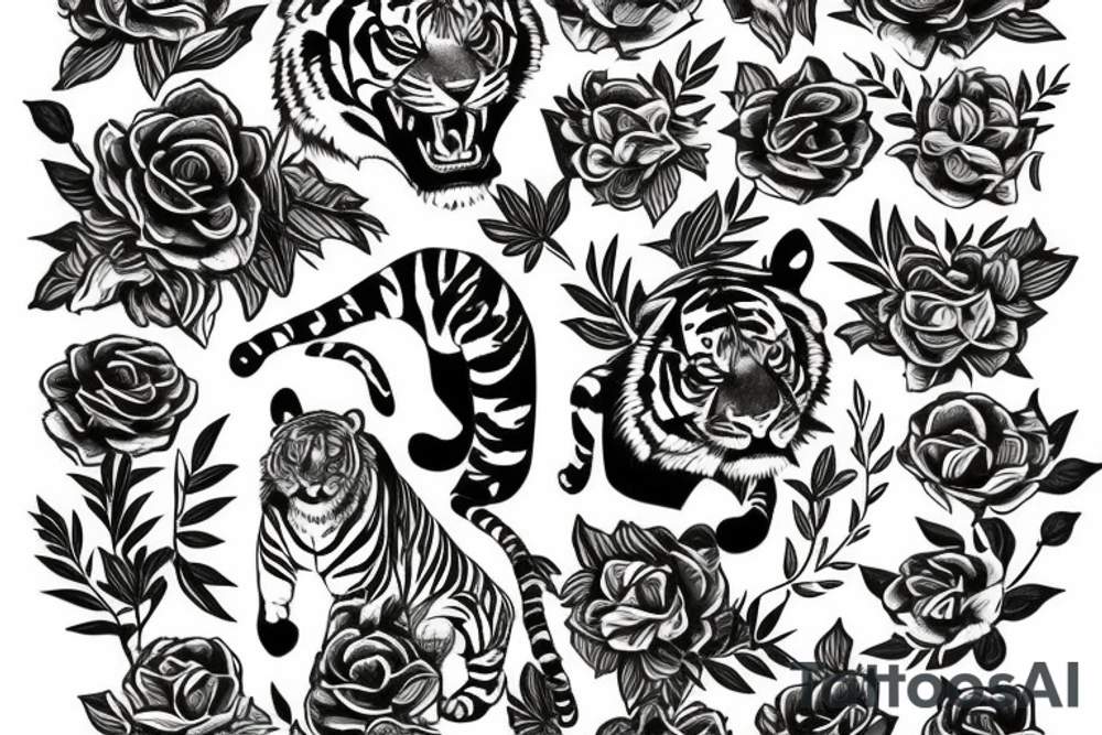 Tiger surrounded by flowers tattoo idea