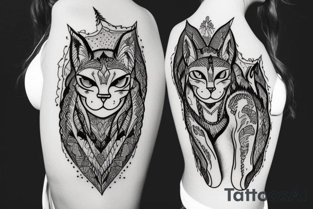 walking lynx with forest and mountains on the back tattoo idea