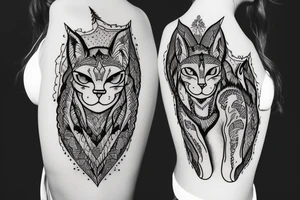walking lynx with forest and mountains on the back tattoo idea