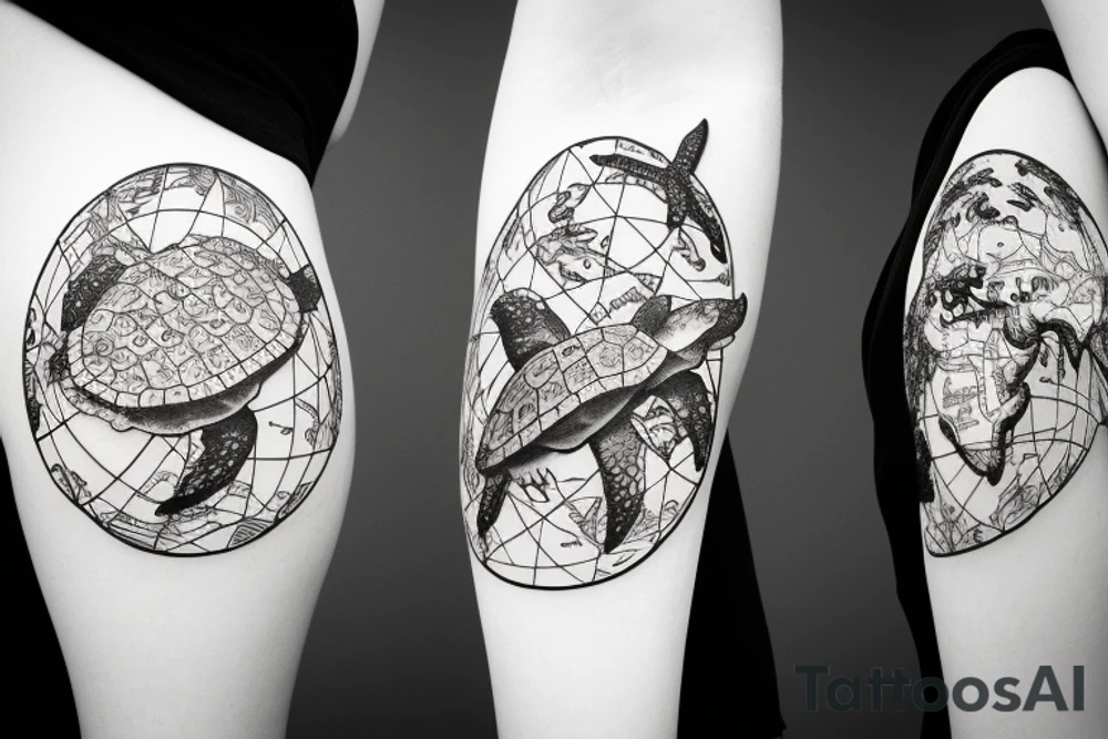 sea turtle with an earth map on its shell tattoo idea