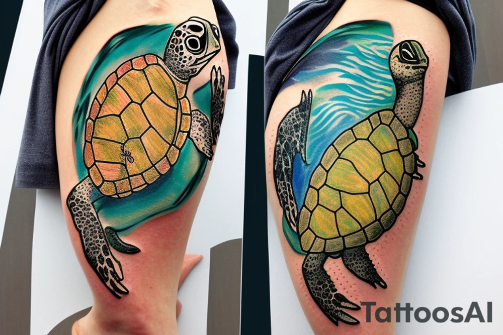 sea turtle with an earth map on its shell tattoo idea